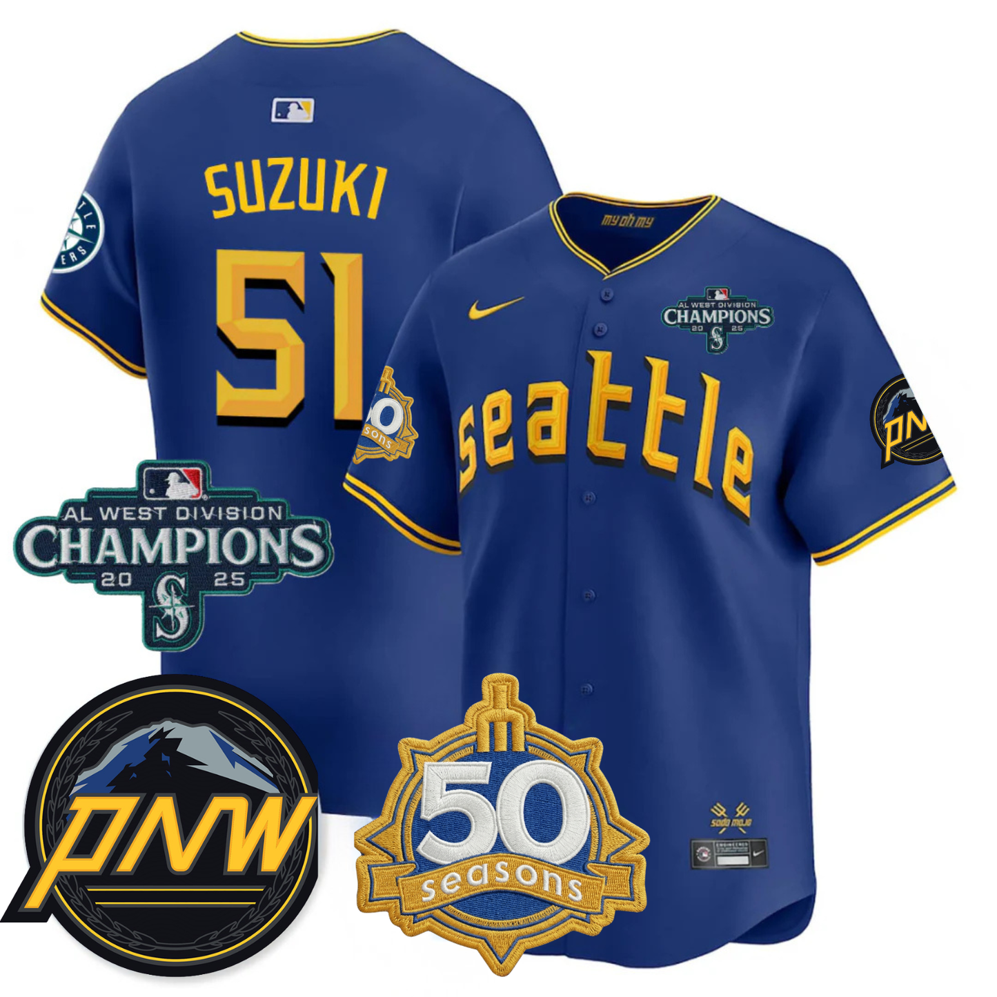 SEA Limited City Connect Jersey - 50th Anniversary & AL West Division Champions Patch - All Stitched