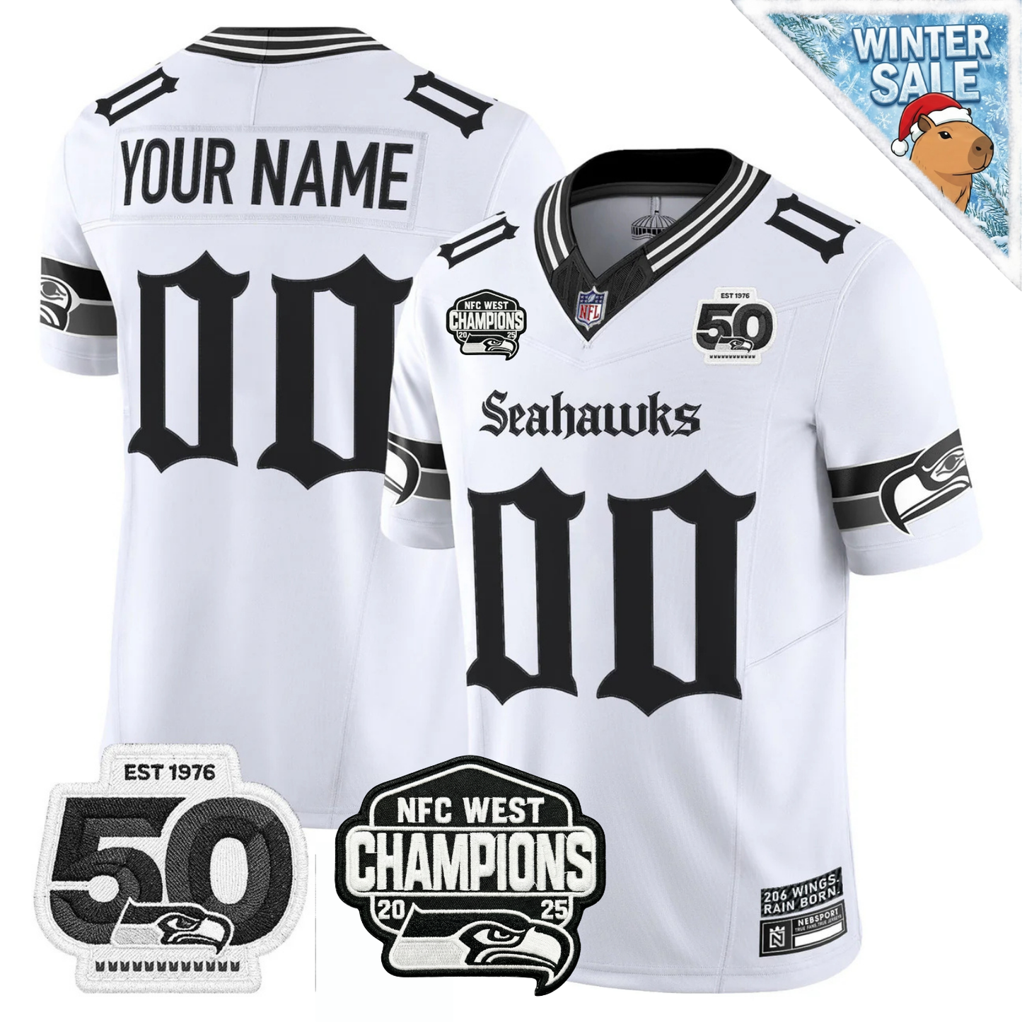 CustomSEA 50th & NFC West Champions Patch Gothic Edition Jersey - All Stitched