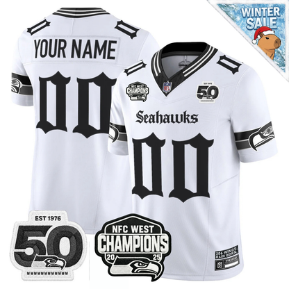 CustomSEA 50th & NFC West Champions Patch Gothic Edition Jersey - All Stitched