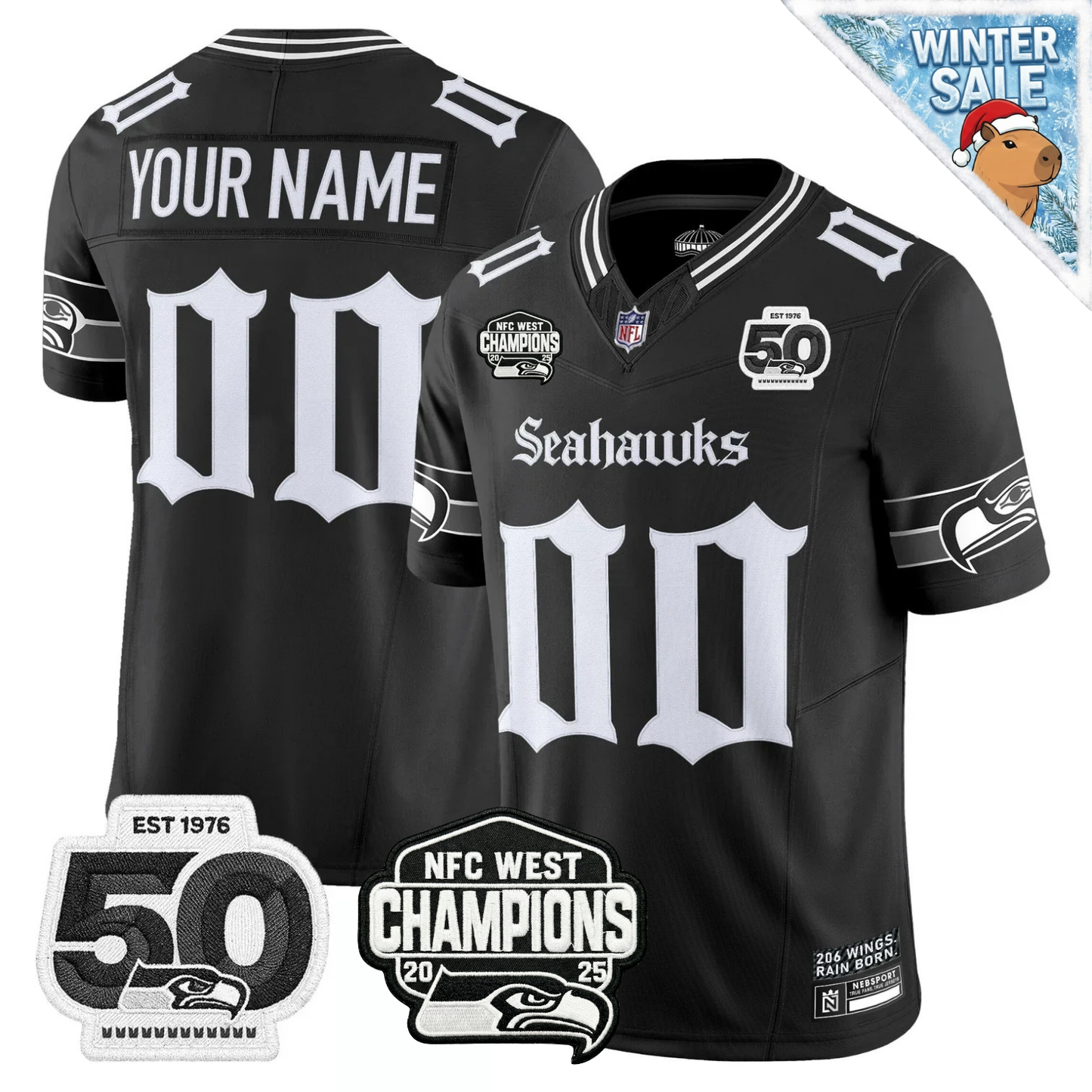 CustomSEA 50th & NFC West Champions Patch Gothic Edition Jersey - All Stitched