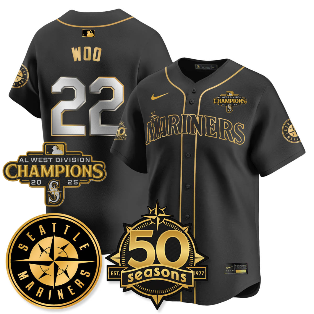 SEA Vapor Premier Limited Jersey - 50th Anniversary & AL West Division Champions - All Stitched Black Gold / Bryan Woo