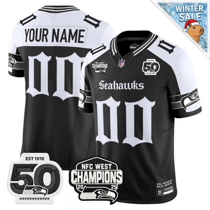CustomSEA 50th & NFC West Champions Patch Gothic Edition Jersey - All Stitched
