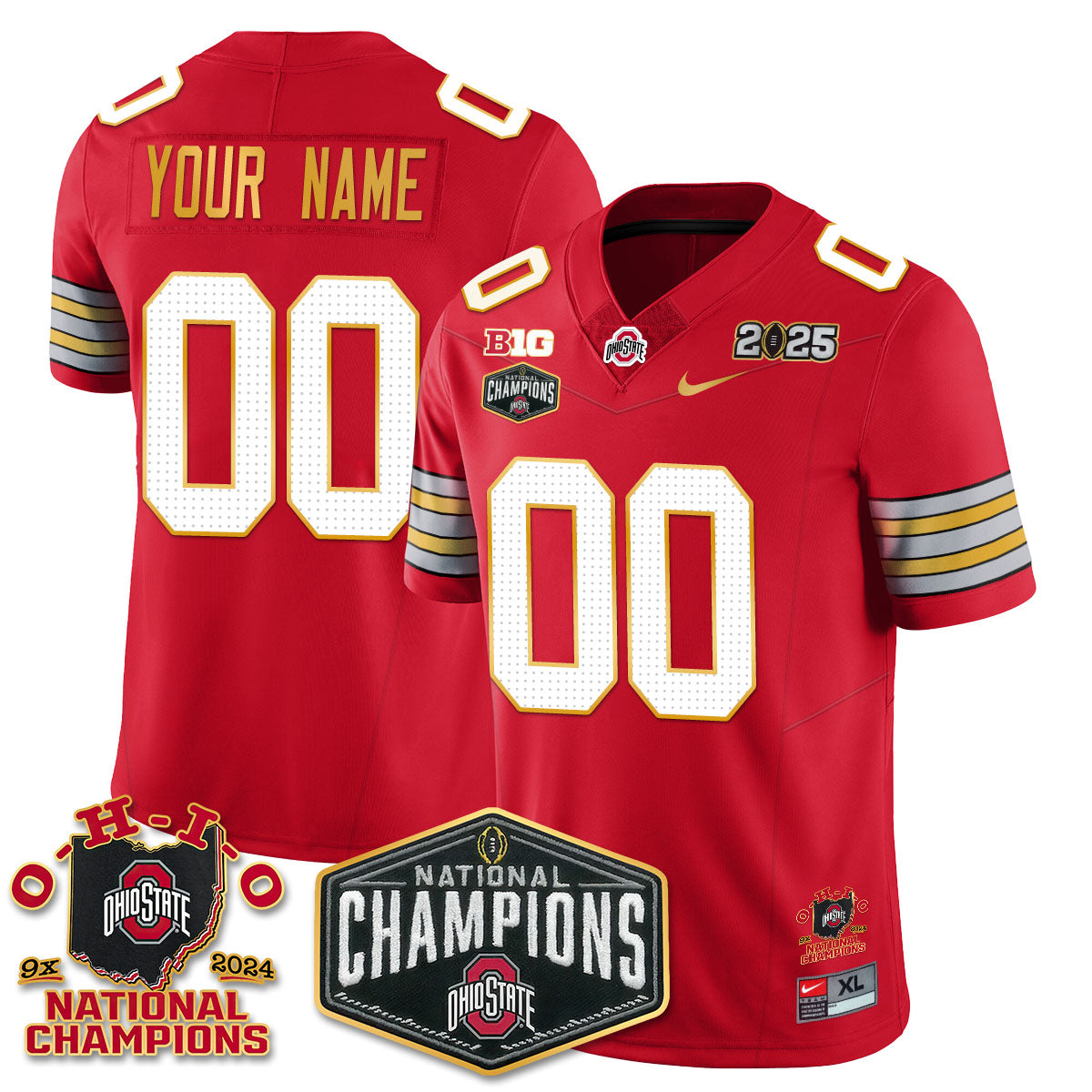 Custom Gender/Name OSU 'Heritage Stripe' 2025 CFP Patch - National Champions Gold Custom Jersey N8 - All Stitched