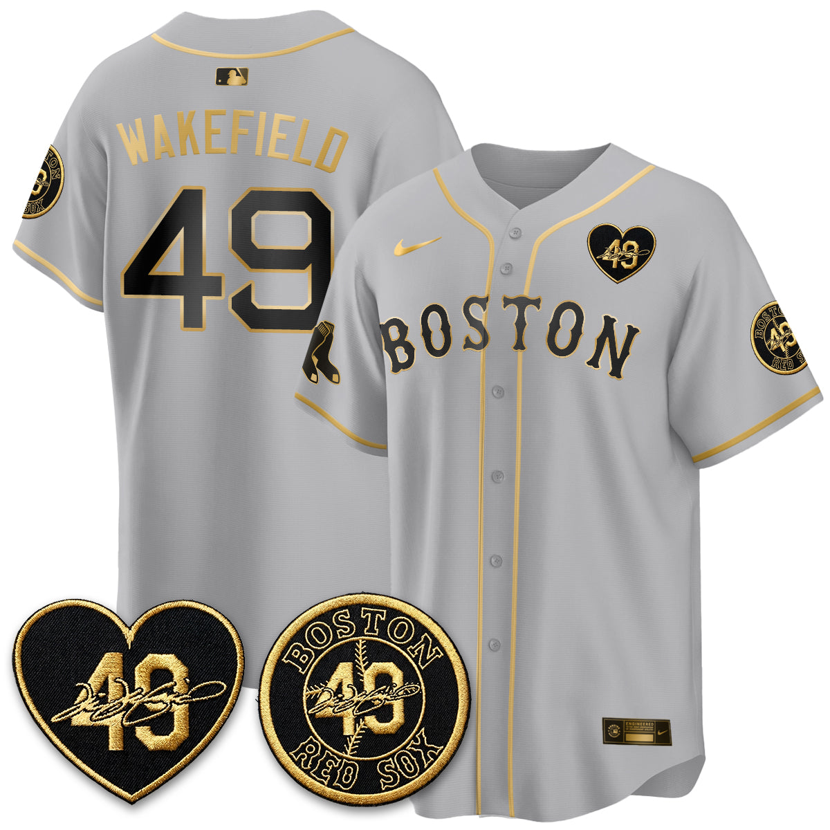 BOS Tim Wakefield Memorial Patch Limited Red Gold Edition Jersey - All Stitched