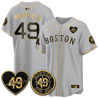 BOS Tim Wakefield Memorial Patch Limited Red Gold Edition Jersey - All Stitched