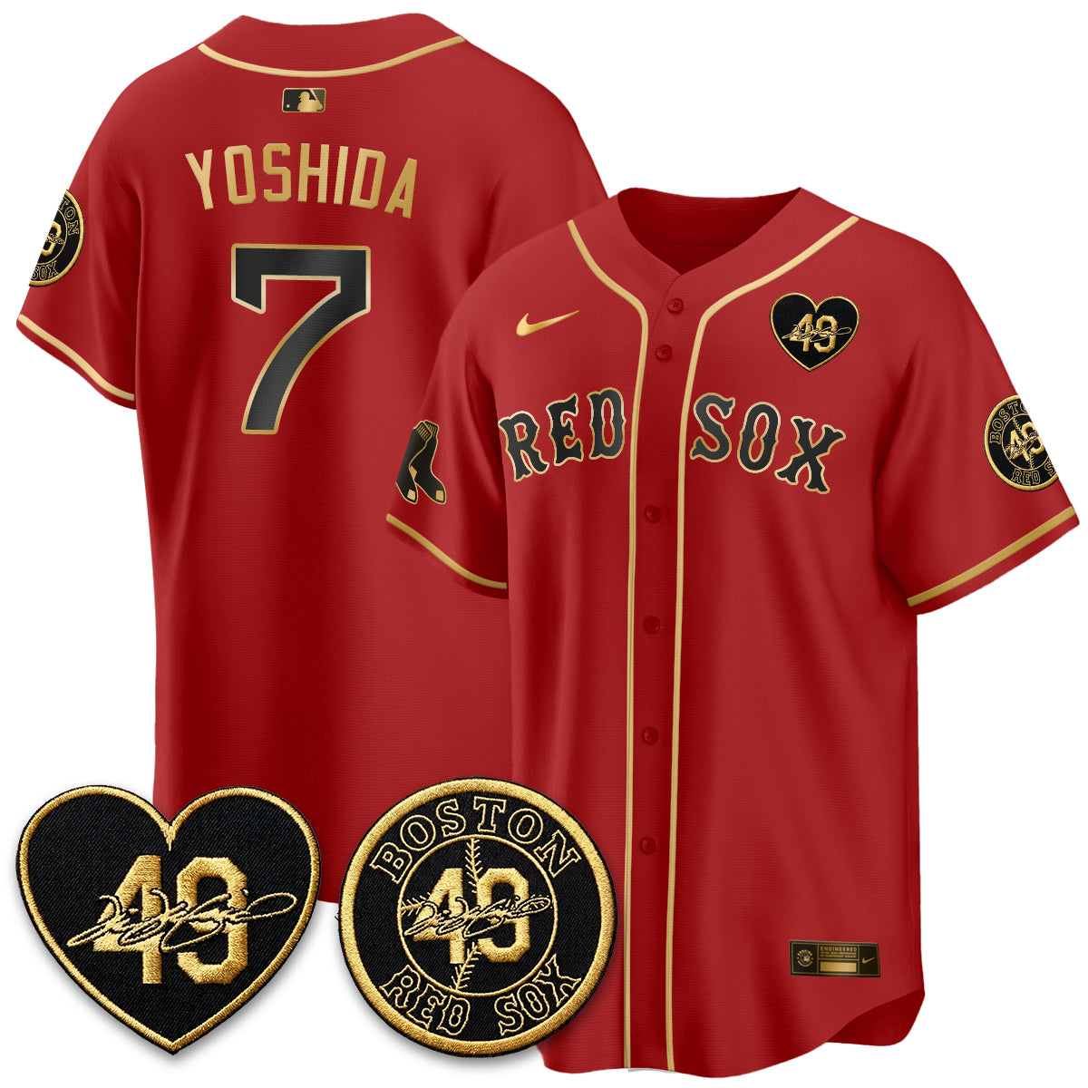 BOS Tim Wakefield Memorial Patch Limited Red Gold Edition Jersey - All Stitched