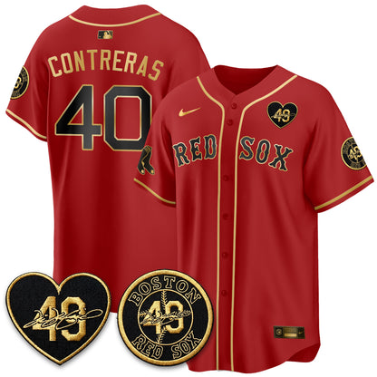 BOS Tim Wakefield Memorial Patch Limited Red Gold Edition Jersey - All Stitched