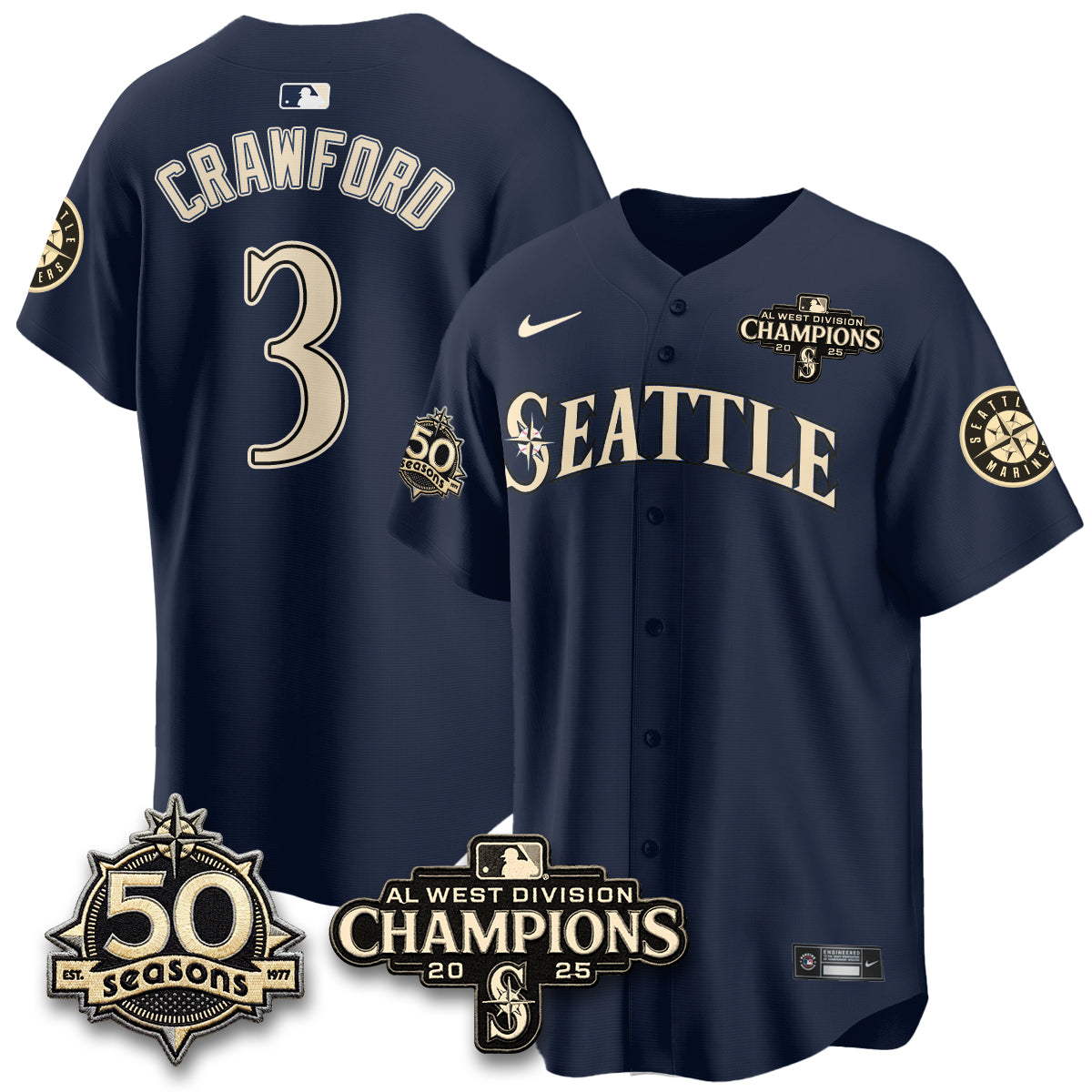 SEA Vapor Premier Limited Cream Jersey V2 - 50th Anniversary & AL West Division Champions - All Stitched