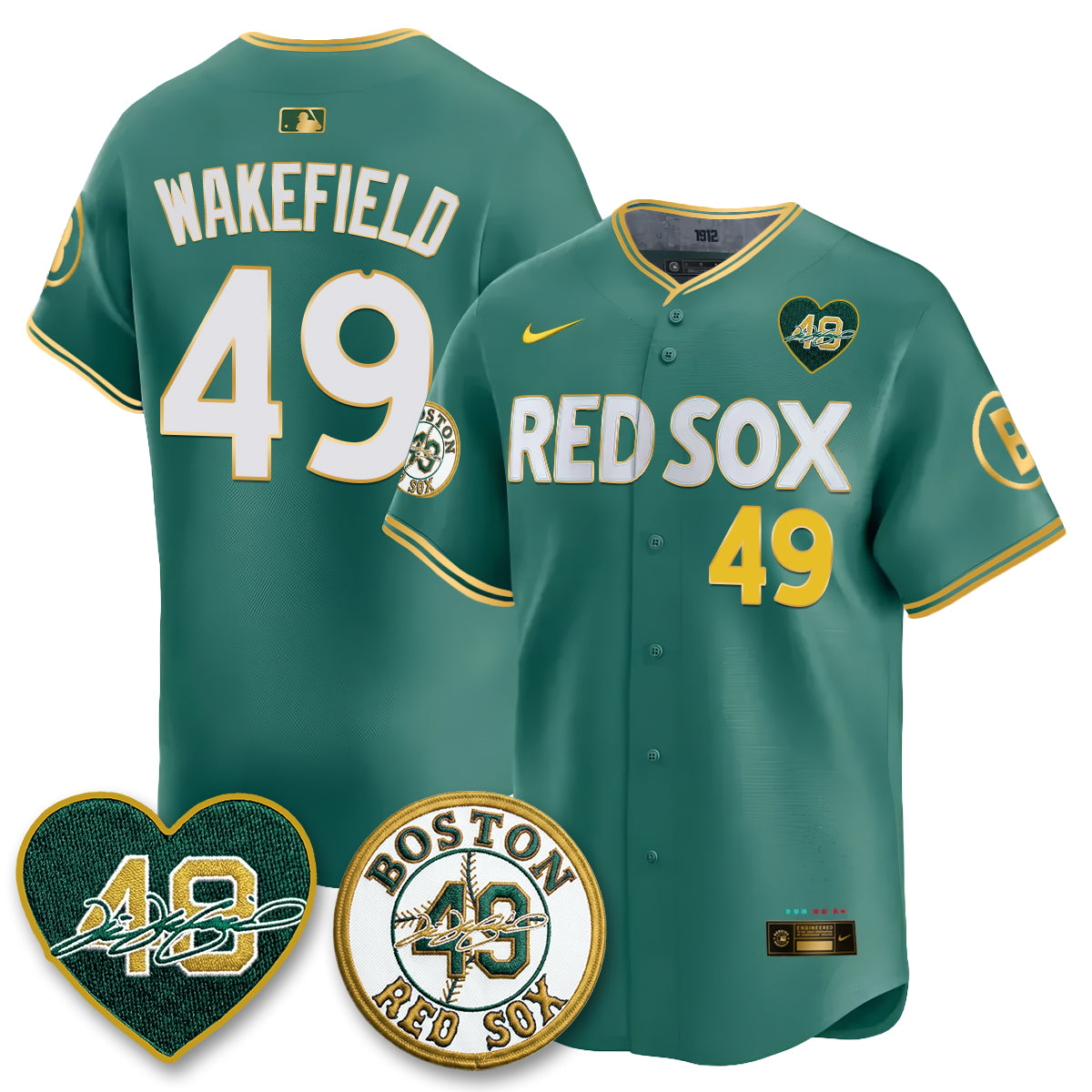 BOS Tim Wakefield Memorial Patch Limited Red Gold Edition Jersey - All Stitched