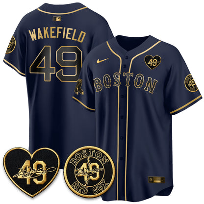 BOS Tim Wakefield Memorial Patch Limited Red Gold Edition Jersey - All Stitched