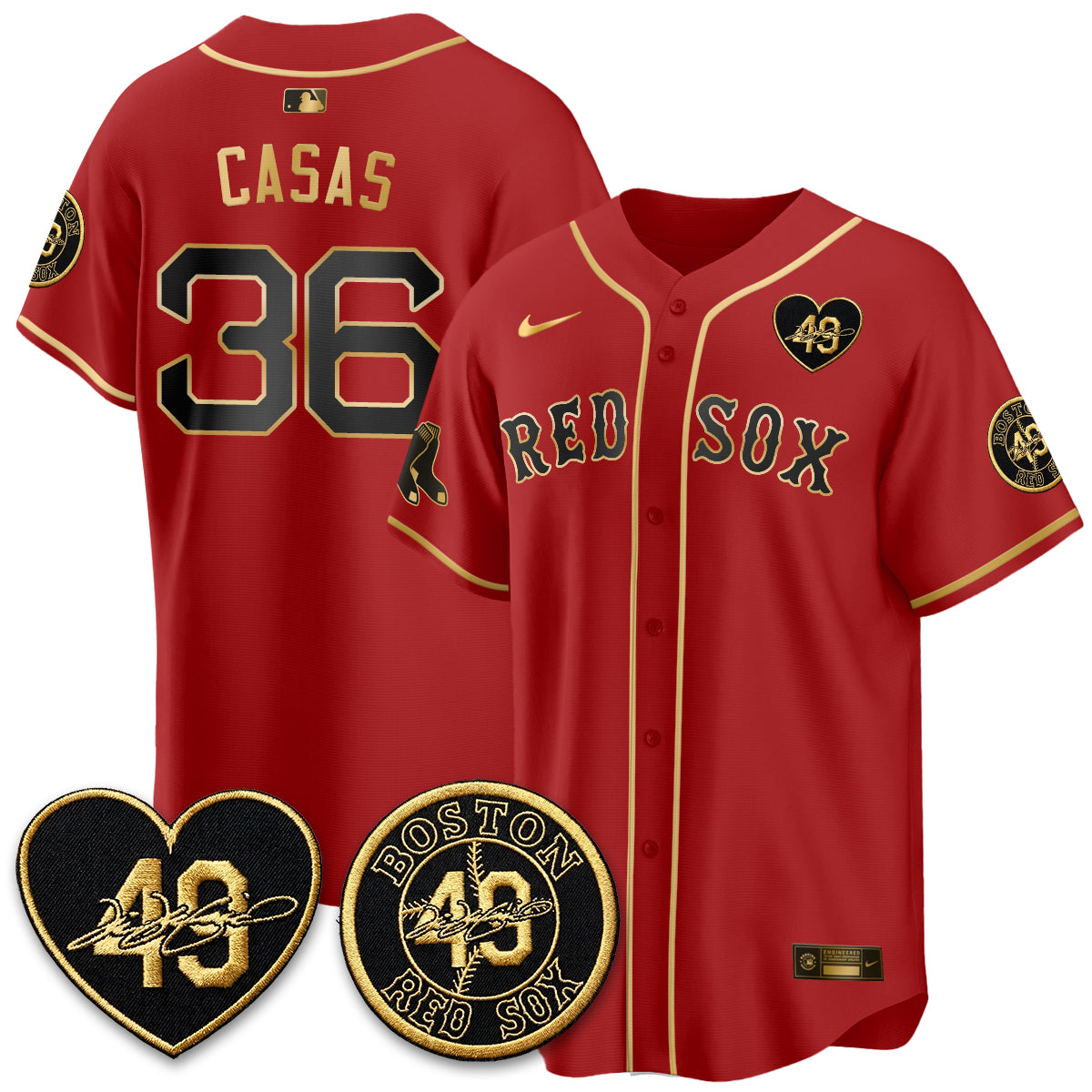 BOS Tim Wakefield Memorial Patch Limited Red Gold Edition Jersey - All Stitched