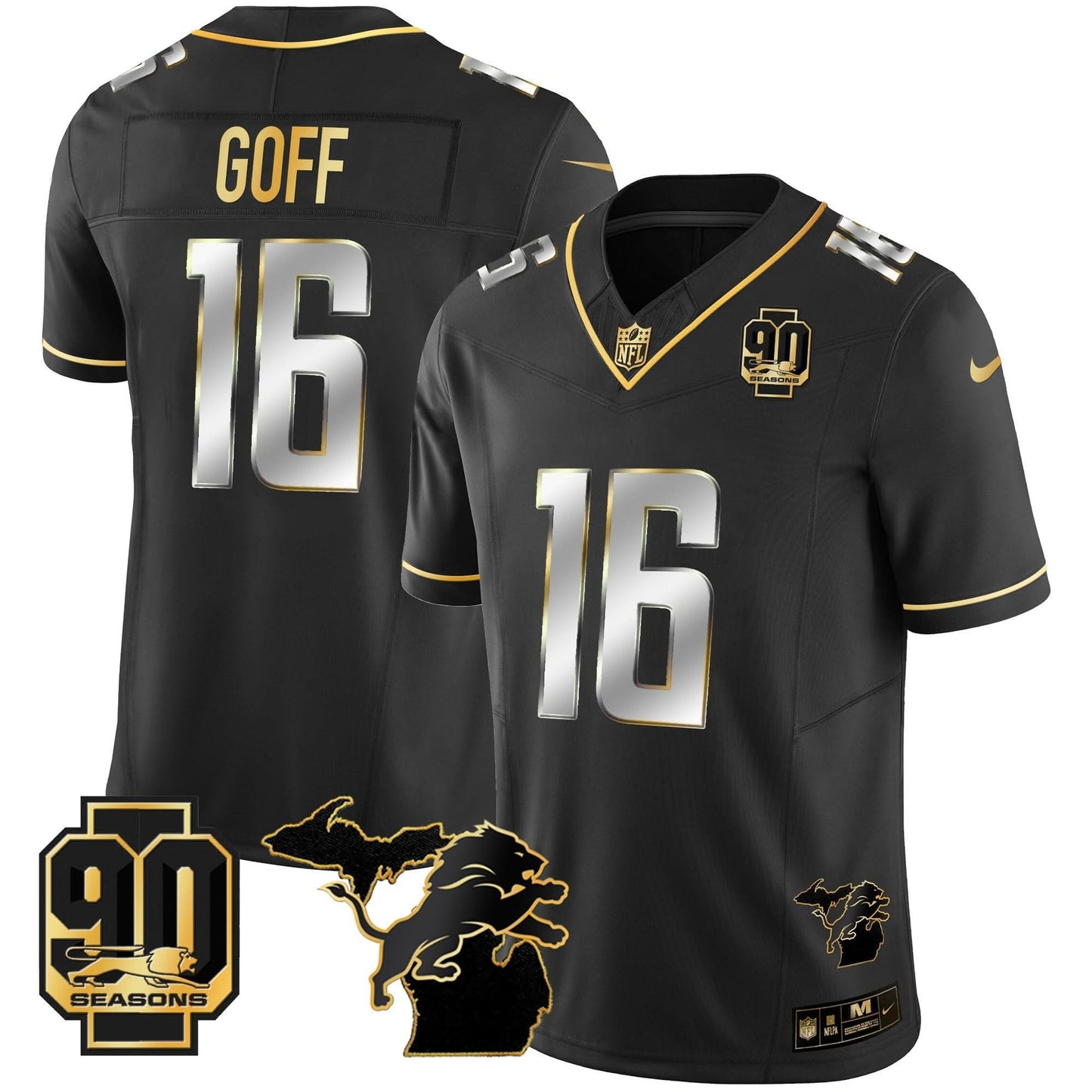 DET 90th Year & Michigan Patch Gold Vapor Jersey - All Stitched