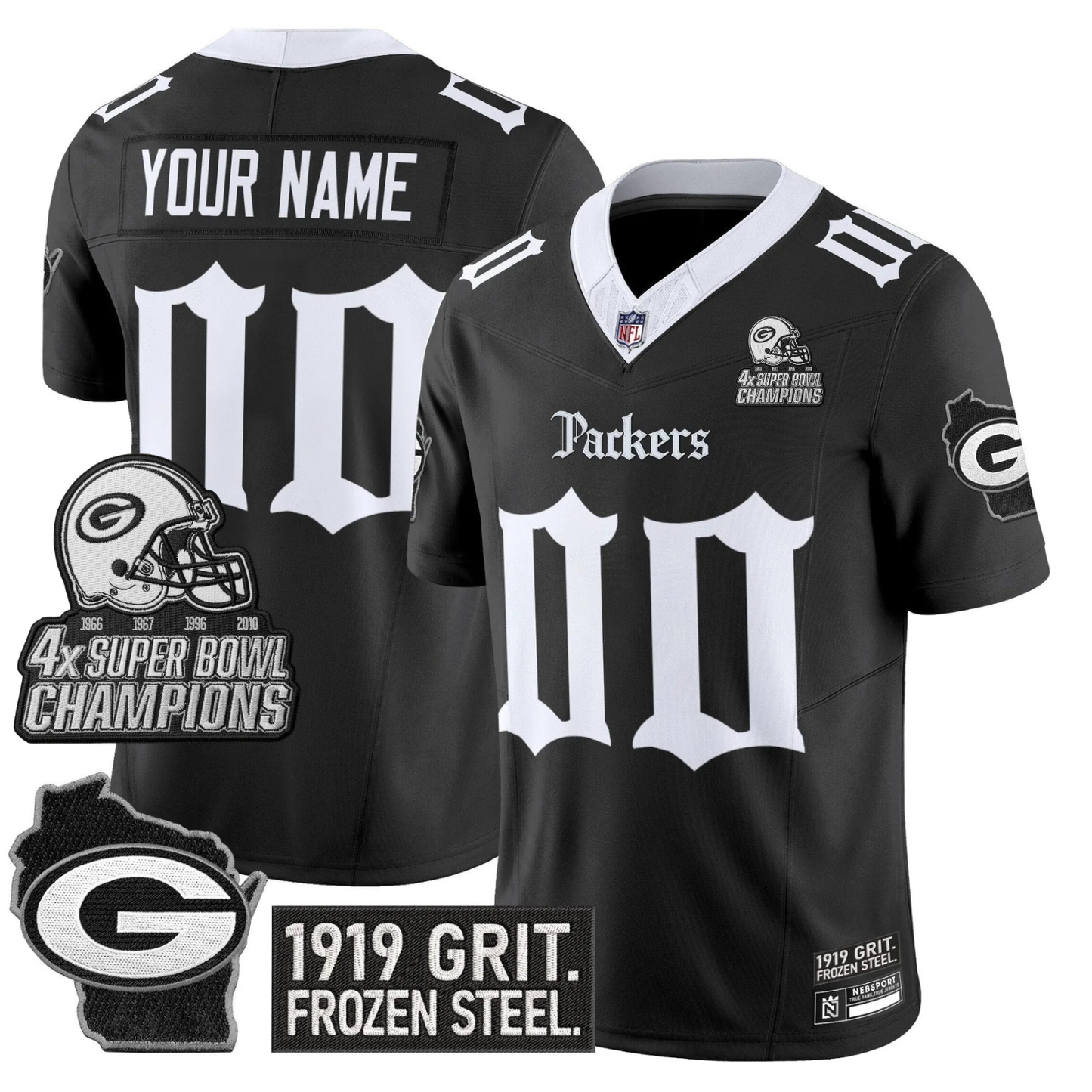 Custom GB ’Gothic Frozen Tundra Edition’ 4x Champions Patch Vapor Limited Jersey - All Stitched (Copy) Black