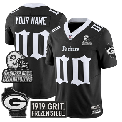 Custom GB ’Gothic Frozen Tundra Edition’ 4x Champions Patch Vapor Limited Jersey - All Stitched (Copy) Black
